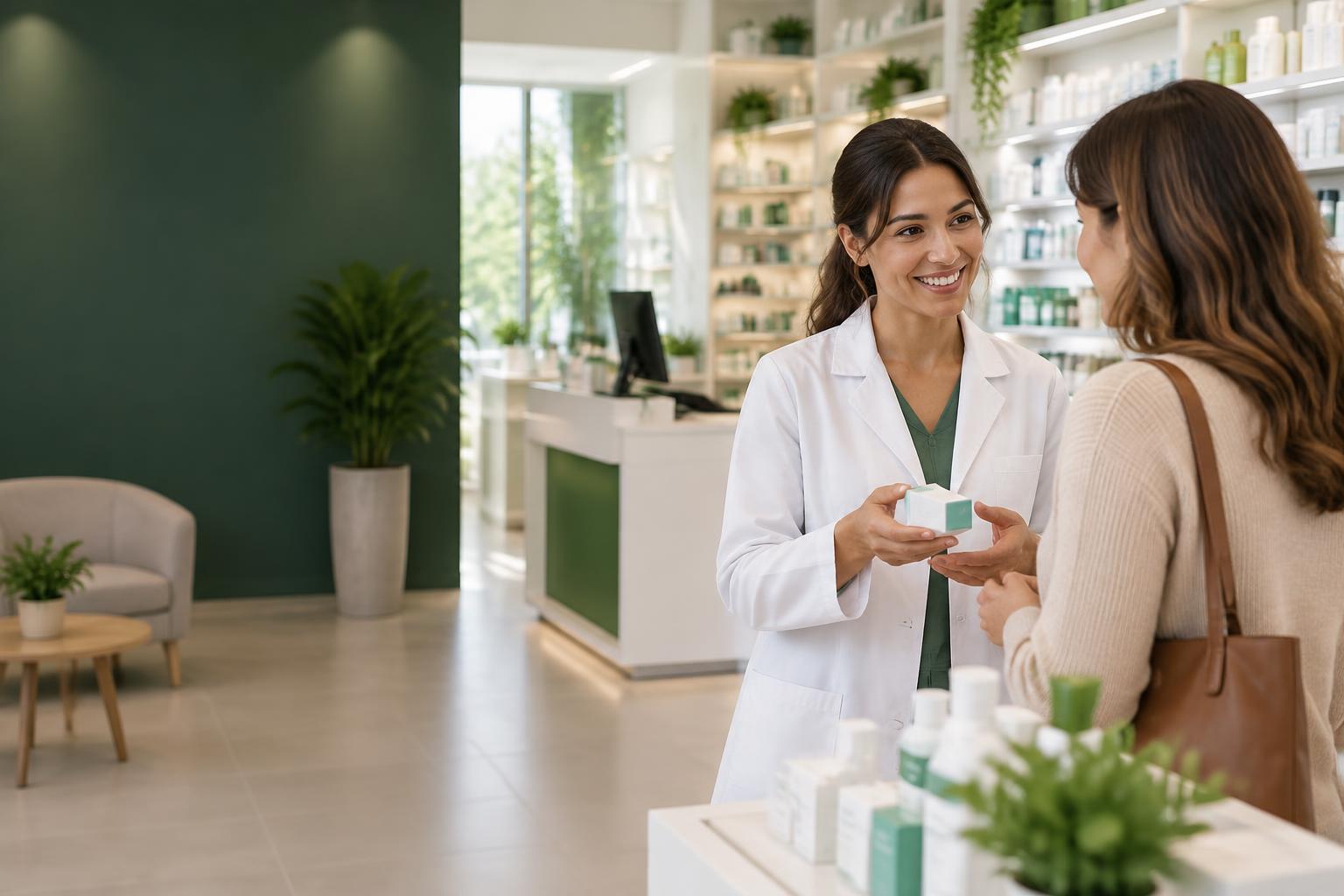 Farmacêutica atendendo uma cliente em uma farmácia moderna