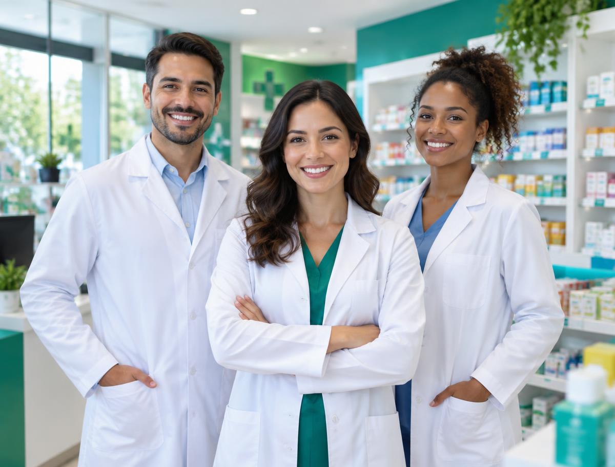 Equipe profissional da Novarte Med em uma farmácia moderna